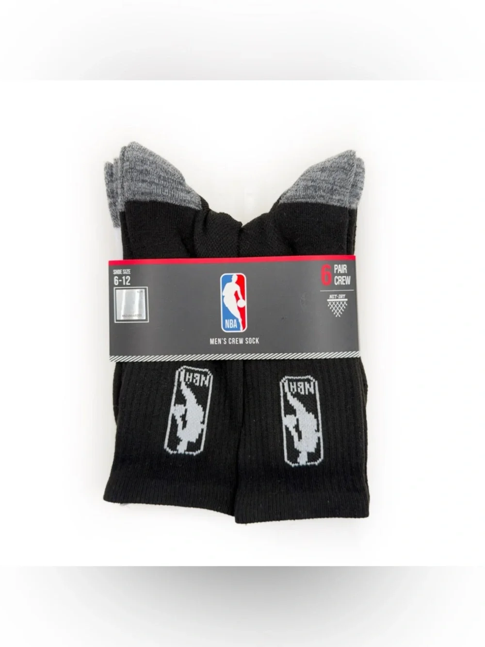 NBA Crew Socks 6 Pack Mens Black White Gray Basketball Athletic Casual